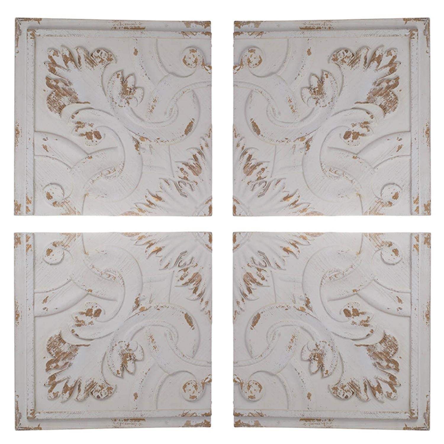 Set of 4 Whitewashed Arabesque Carved Wall Art - Homeroots - Flyclothing LLC