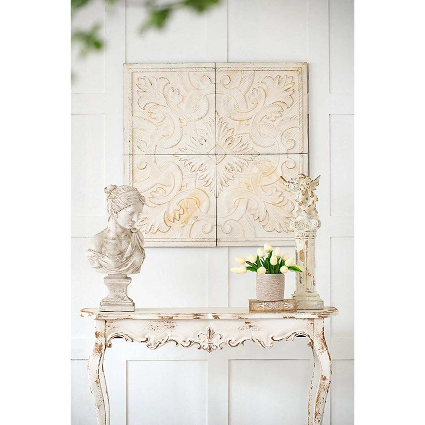 Set of 4 Whitewashed Arabesque Carved Wall Art - Homeroots - Flyclothing LLC