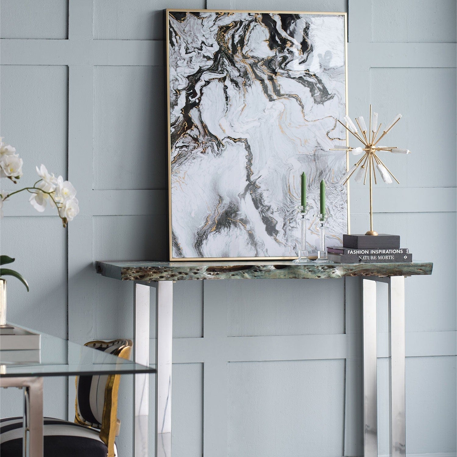 Set of 2 Ultra Modern White Black and Gold Marblized Wall Art - Homeroots