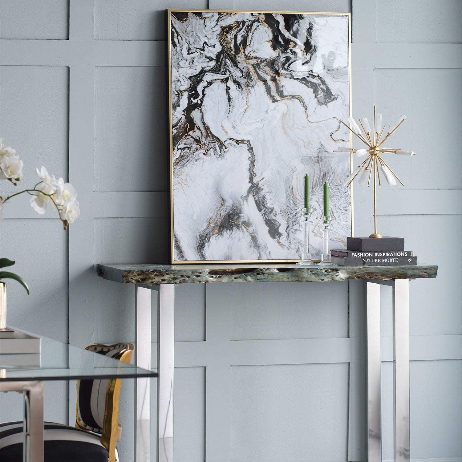 Set of 2 Ultra Modern White Black and Gold Marblized Wall Art - Homeroots - Flyclothing LLC