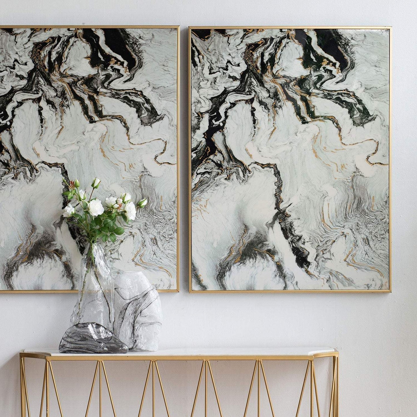 Set of 2 Ultra Modern White Black and Gold Marblized Wall Art - Homeroots - Flyclothing LLC