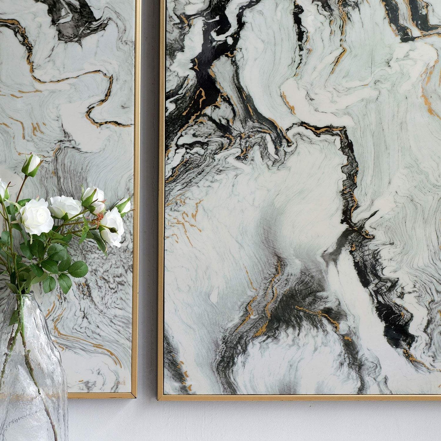Set of 2 Ultra Modern White Black and Gold Marblized Wall Art - Homeroots - Flyclothing LLC
