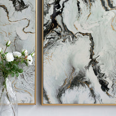 Set of 2 Ultra Modern White Black and Gold Marblized Wall Art - Homeroots