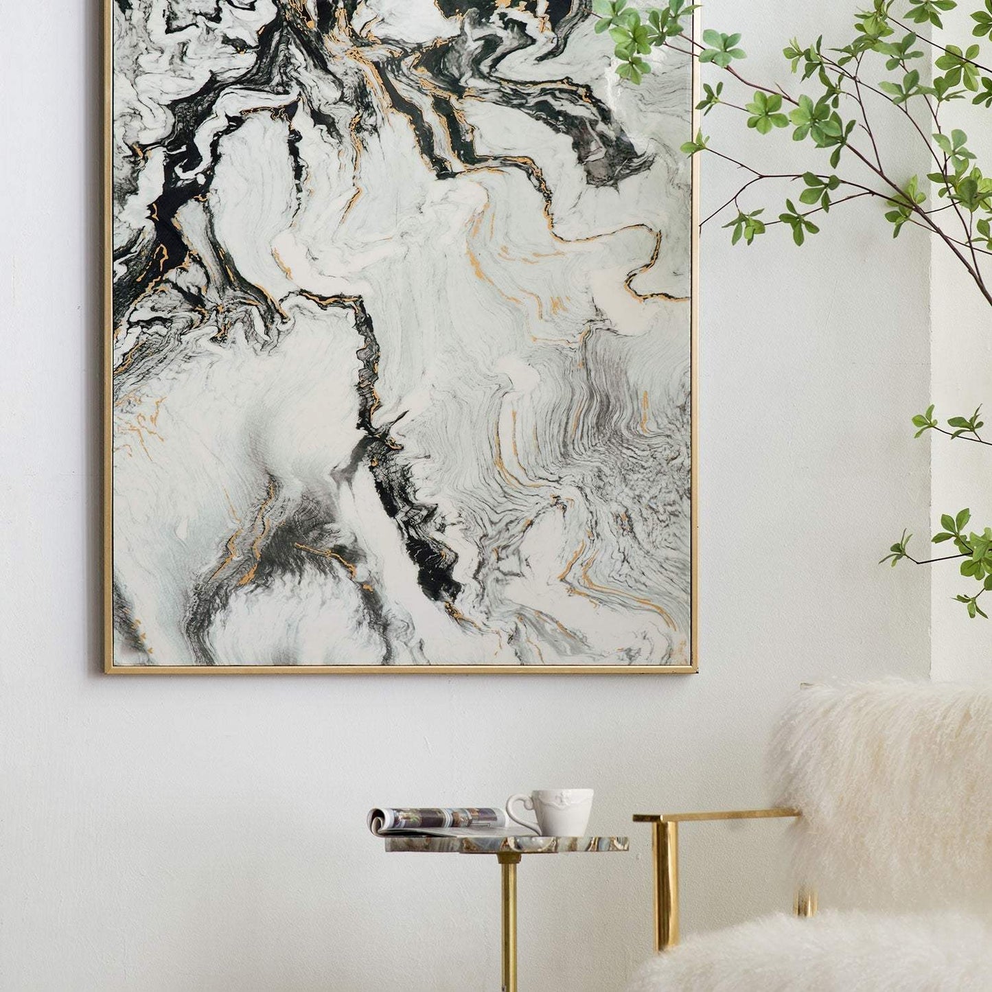 Set of 2 Ultra Modern White Black and Gold Marblized Wall Art - Homeroots - Flyclothing LLC