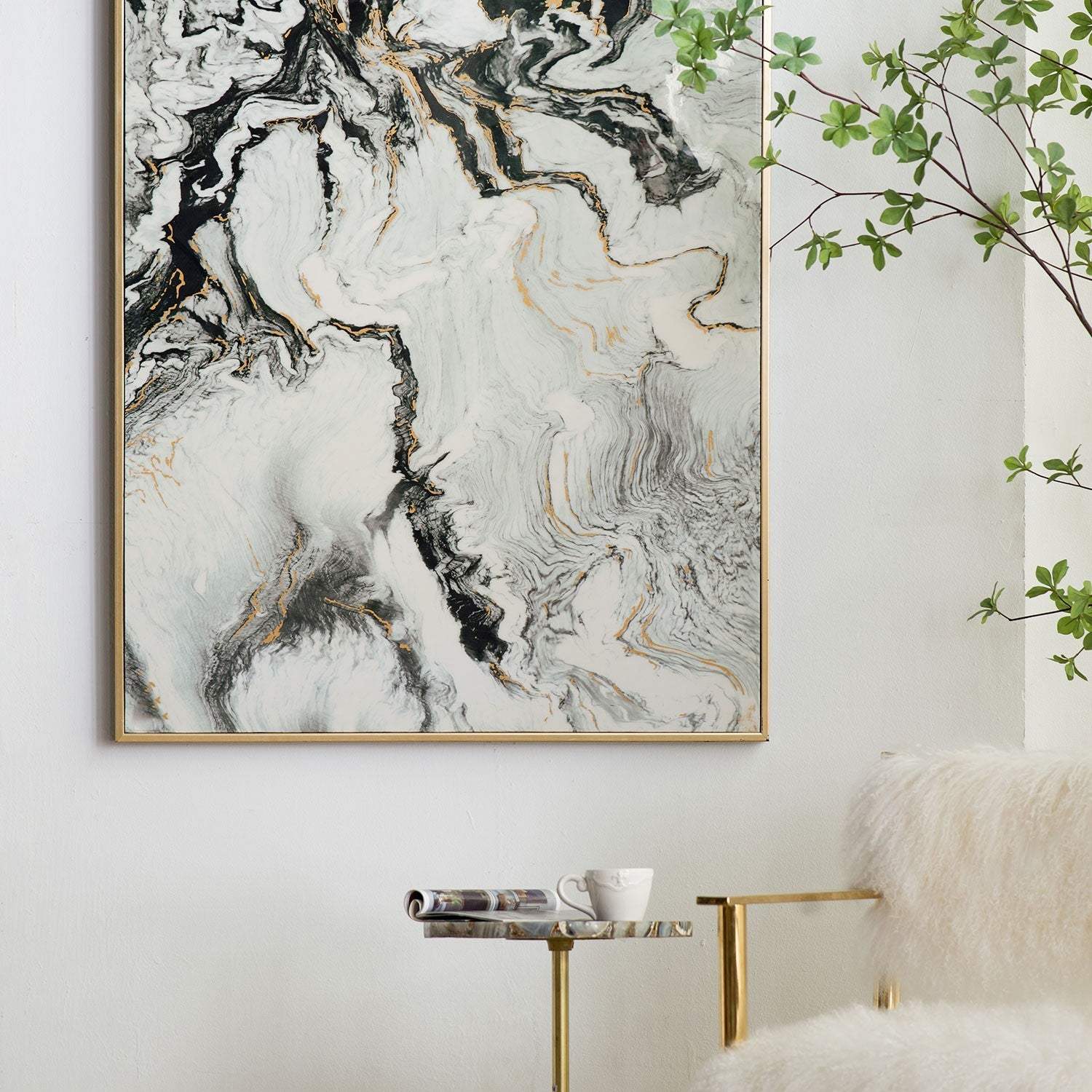 Set of 2 Ultra Modern White Black and Gold Marblized Wall Art - Homeroots - Flyclothing LLC