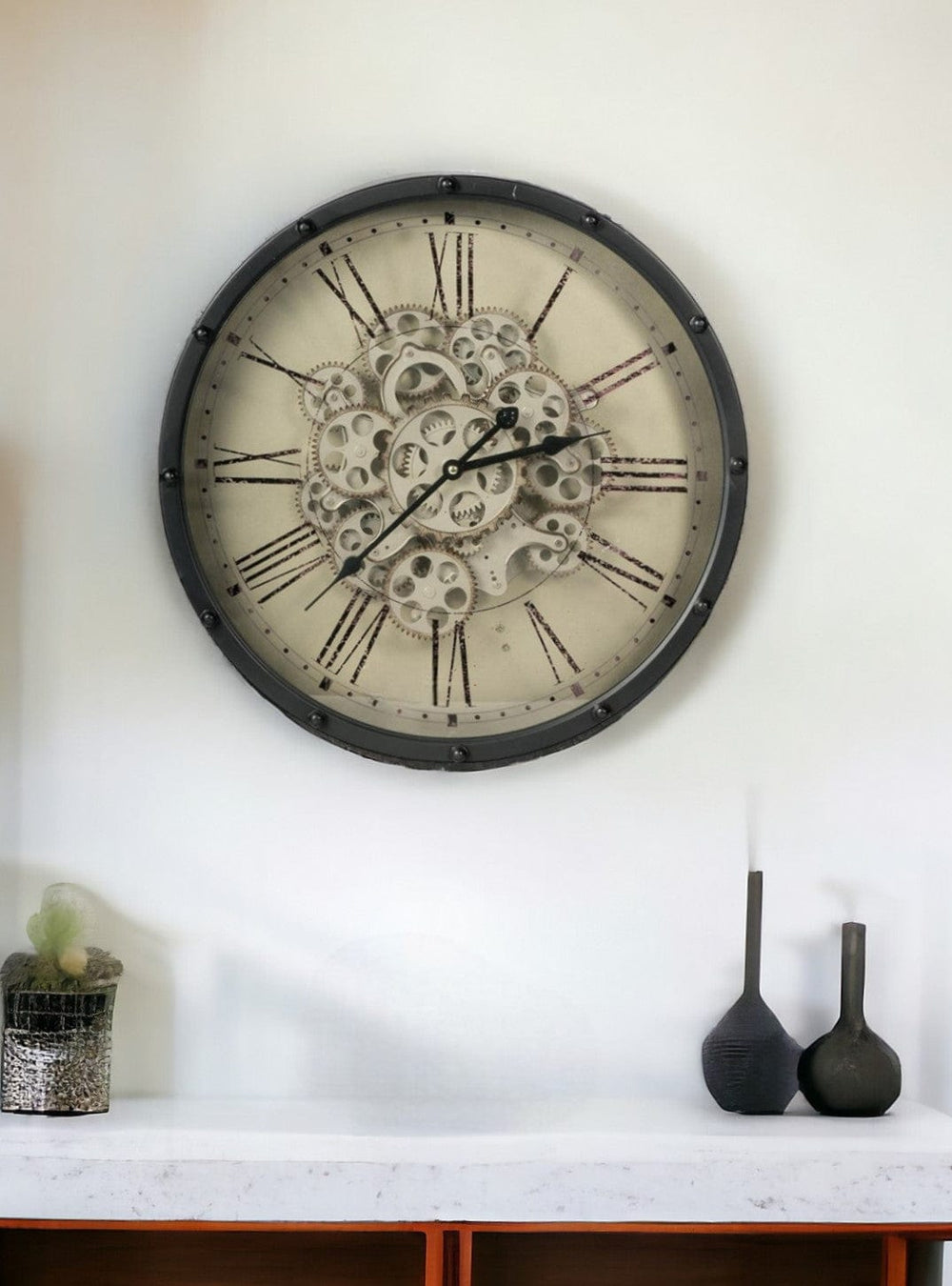 18" Black and Ivory Vintage Gear Industrial Wall Clock - Homeroots - Flyclothing LLC