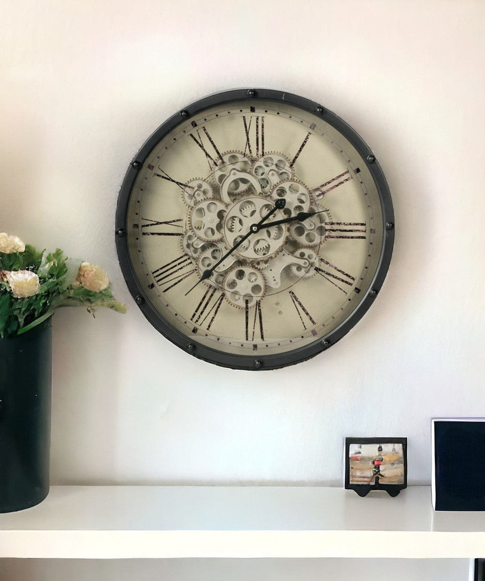 18" Black and Ivory Vintage Gear Industrial Wall Clock - Homeroots - Flyclothing LLC