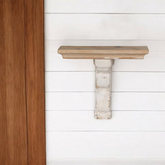 11" X 14" White and Natural Distressed Wood Corbel Style Wall Shelf