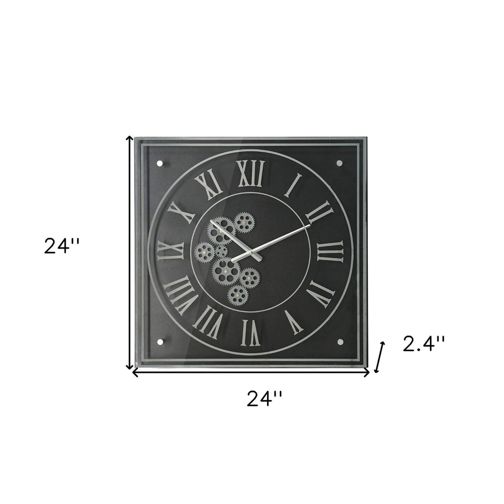 24" Black and Silver Vintage Style Gears Square Wall Clock - Homeroots - Flyclothing LLC