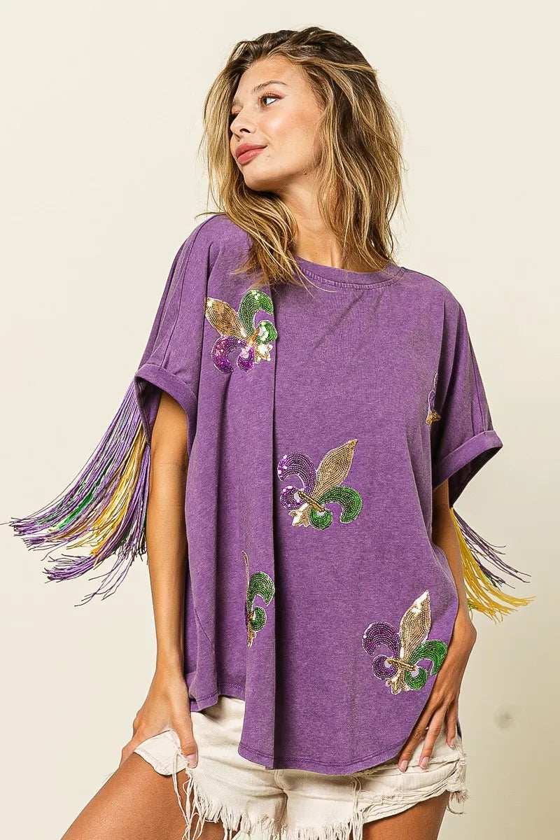 BiBi Vintage Washed Fleur Mardi Gras Top - Trendsi - Flyclothing LLC