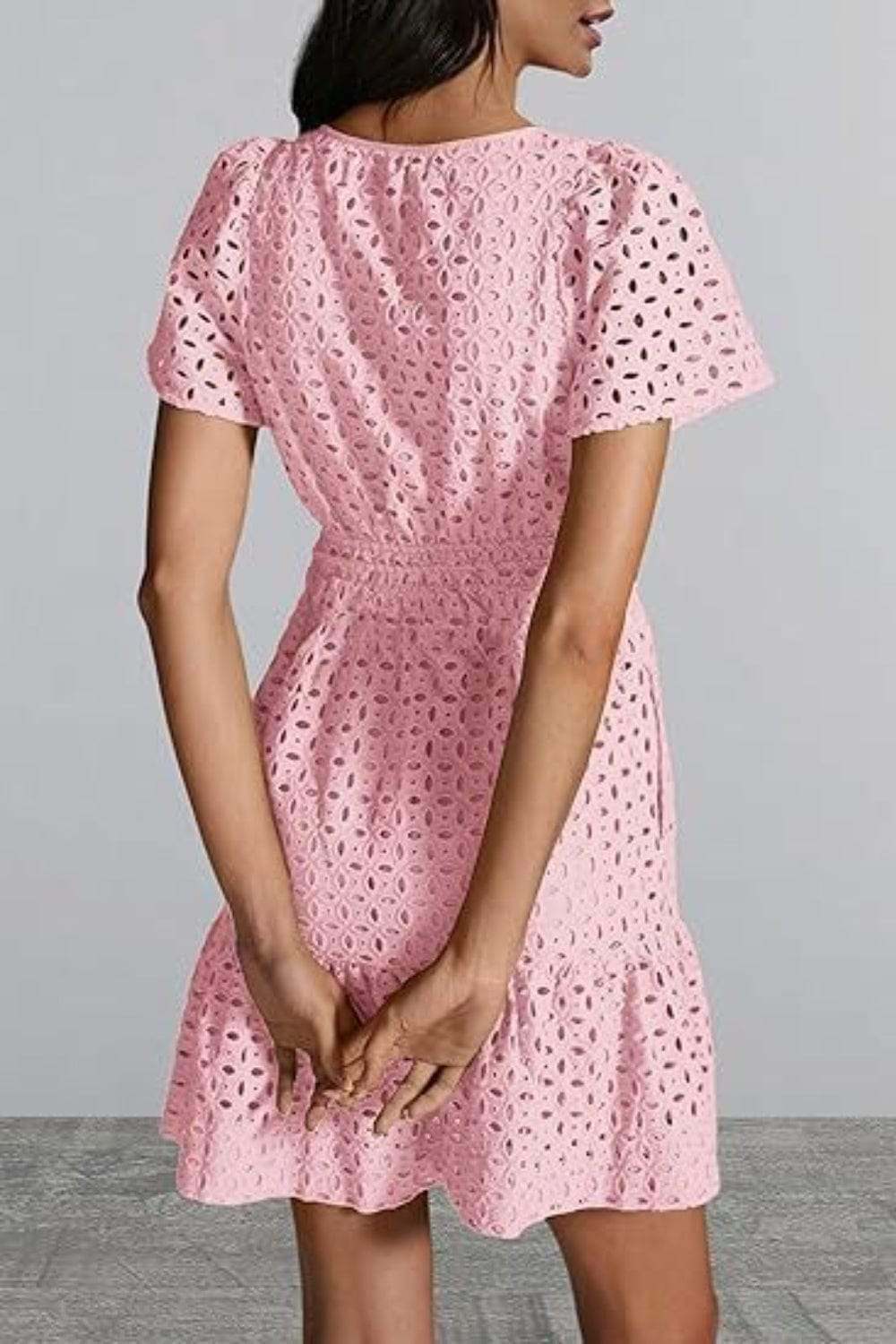 Eyelet Notched Short Sleeve Mini Dress - Trendsi - Flyclothing LLC