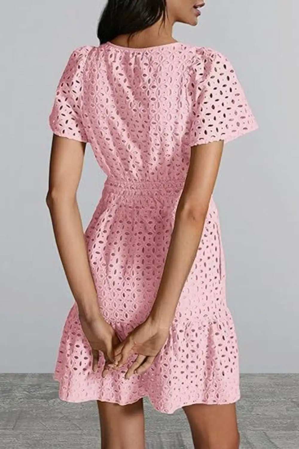 Eyelet Notched Short Sleeve Mini Dress - Trendsi - Flyclothing LLC