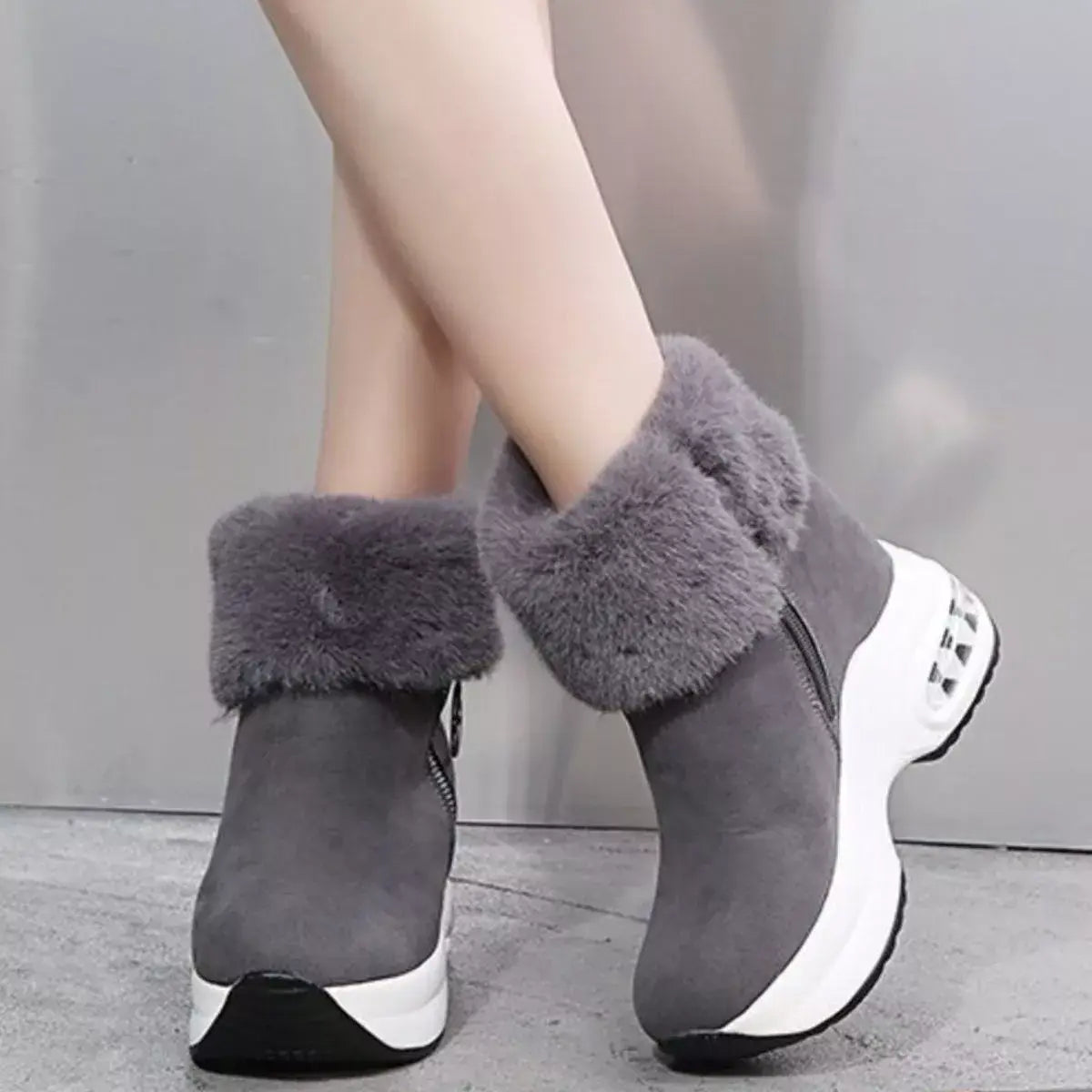 Fuzzy Side Zipper Platform Ankle Boots - Trendsi - Flyclothing LLC