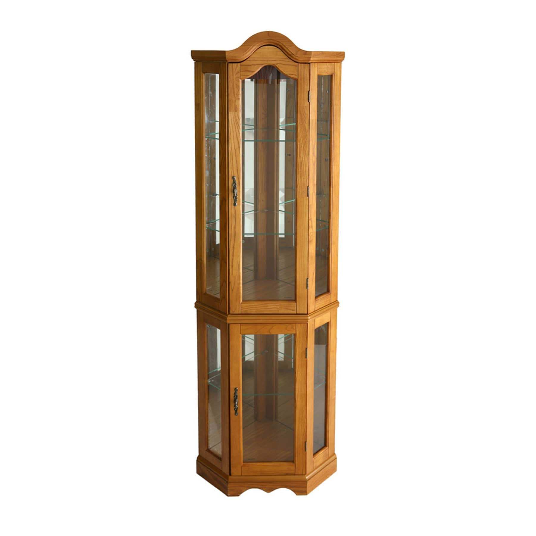 Golden Oak Scallop Top Lighted Corner Curio Cabinet - Homeroots - Flyclothing LLC