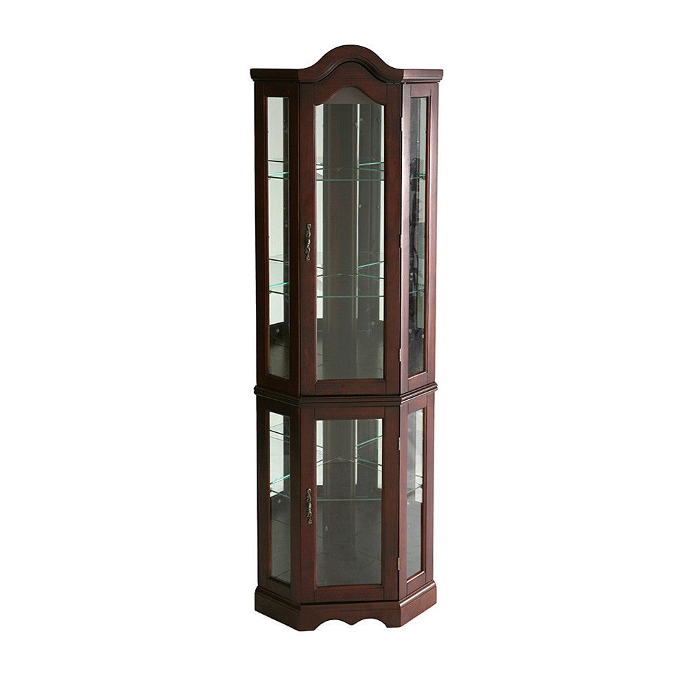 Mahogany Scallop Top Lighted Corner Curio Cabinet - Homeroots