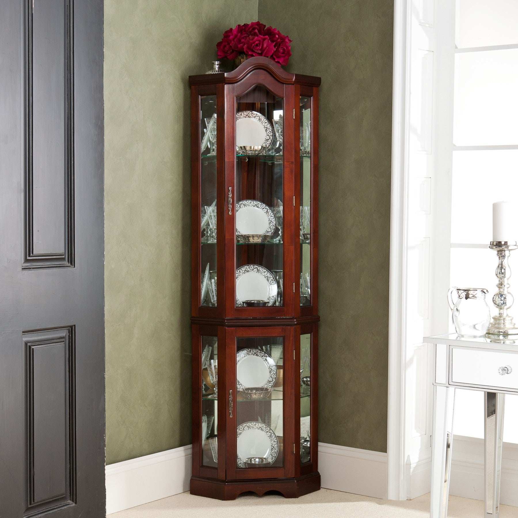 Mahogany Scallop Top Lighted Corner Curio Cabinet - Homeroots - Flyclothing LLC