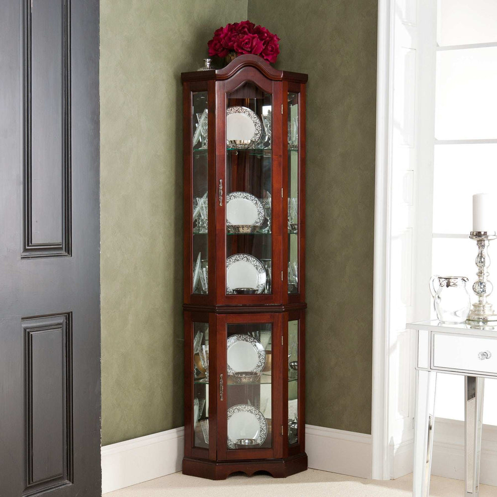 Mahogany Scallop Top Lighted Corner Curio Cabinet - Homeroots - Flyclothing LLC