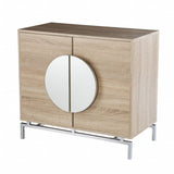 32" Natural and Chrome Mirrored Circle Double Door Bar Cabinet - Homeroots