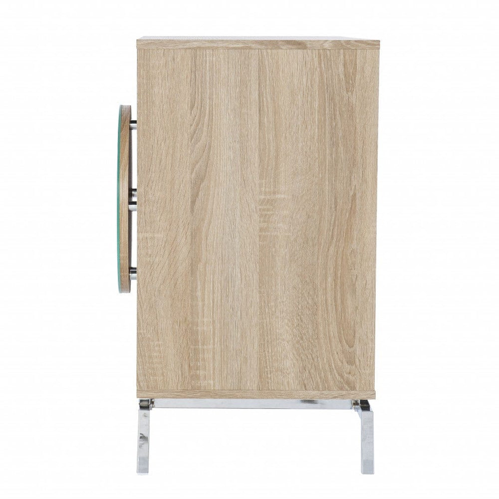 32" Natural and Chrome Mirrored Circle Double Door Bar Cabinet - Homeroots - Flyclothing LLC