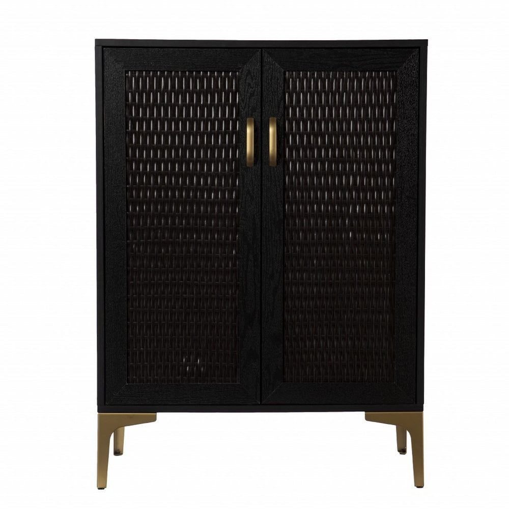 Modern Rustic Black Gold and Faux Rattan Bar Cabinet - Homeroots