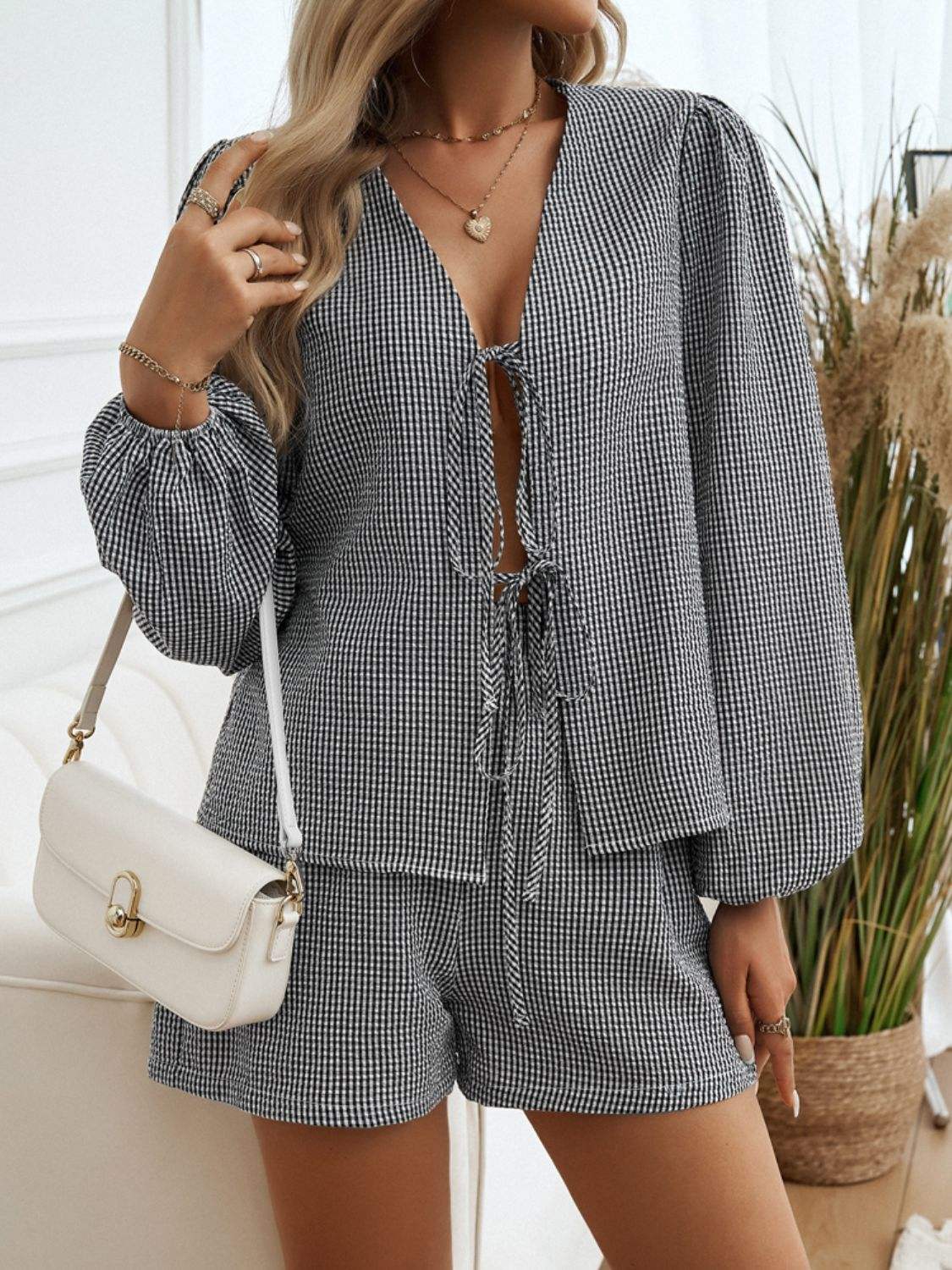 Tied Long Sleeve Top and Shorts Set - Trendsi - Flyclothing LLC