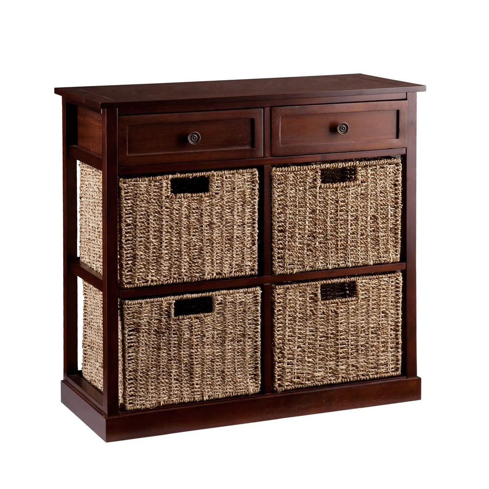 Mahogany and Seagrass Basket Storage Shelving Unit - Homeroots
