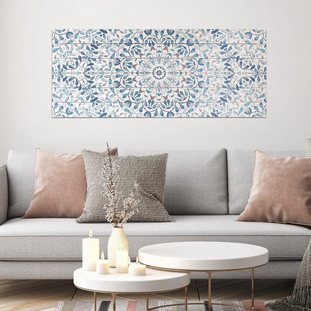 19" X 45" Shades of Blue Ornate Floral Medallion Wood Plank Wall Art - Homeroots - Flyclothing LLC