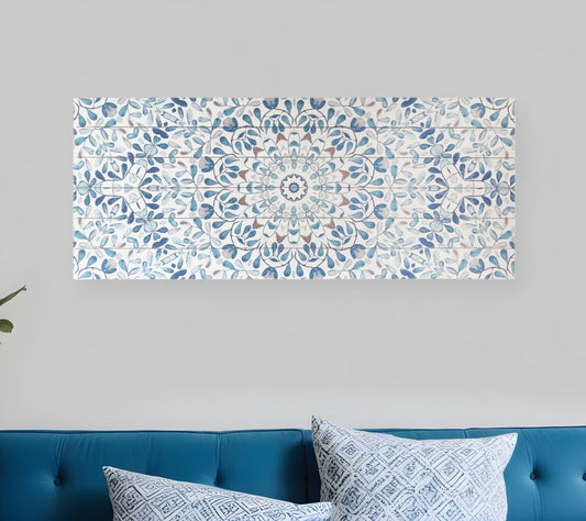 19" X 45" Shades of Blue Ornate Floral Medallion Wood Plank Wall Art - Homeroots