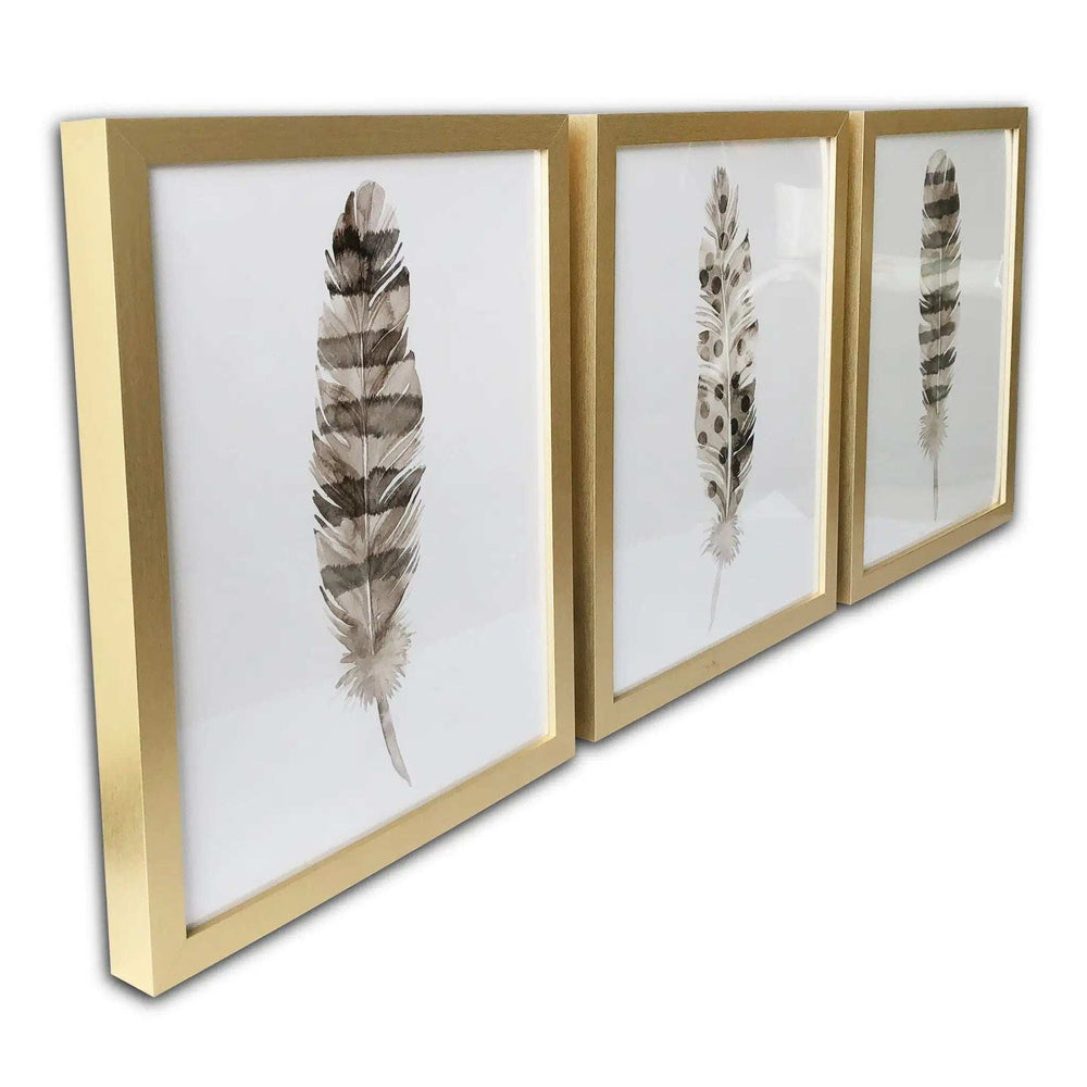 Set Of Three Three Neutral Brown Feathers Framed Wall Art Set Picture Frame Graphic Art Wall Art - Homeroots - Flyclothing LLC