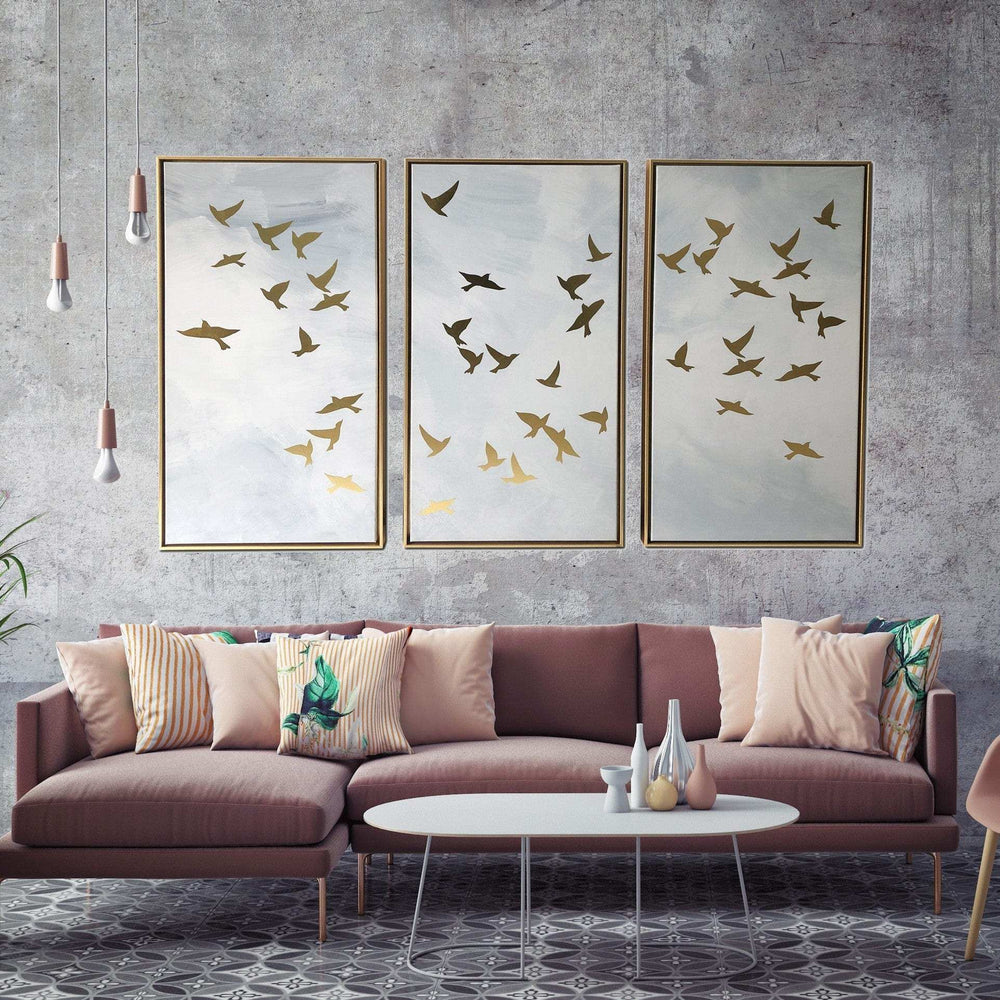 Set of Three Golden Birds Framed Canvas Wall Art - Homeroots - Flyclothing LLC