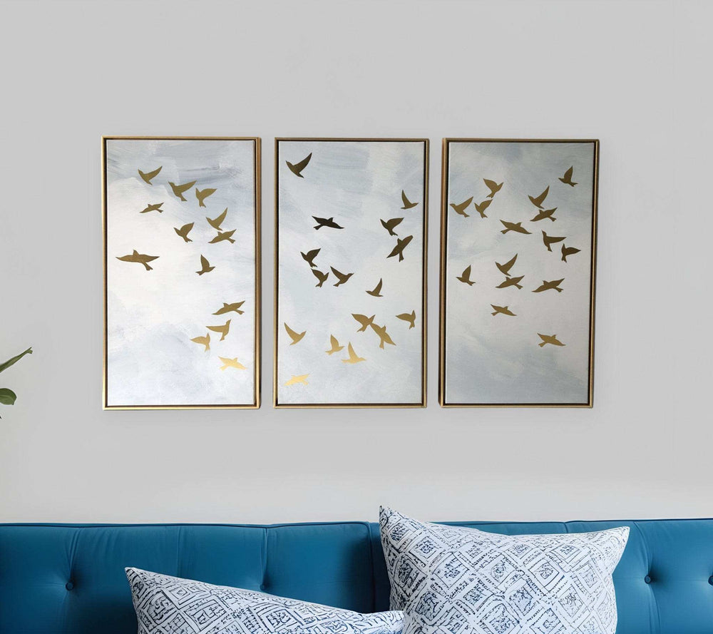 Set of Three Golden Birds Framed Canvas Wall Art - Homeroots - Flyclothing LLC
