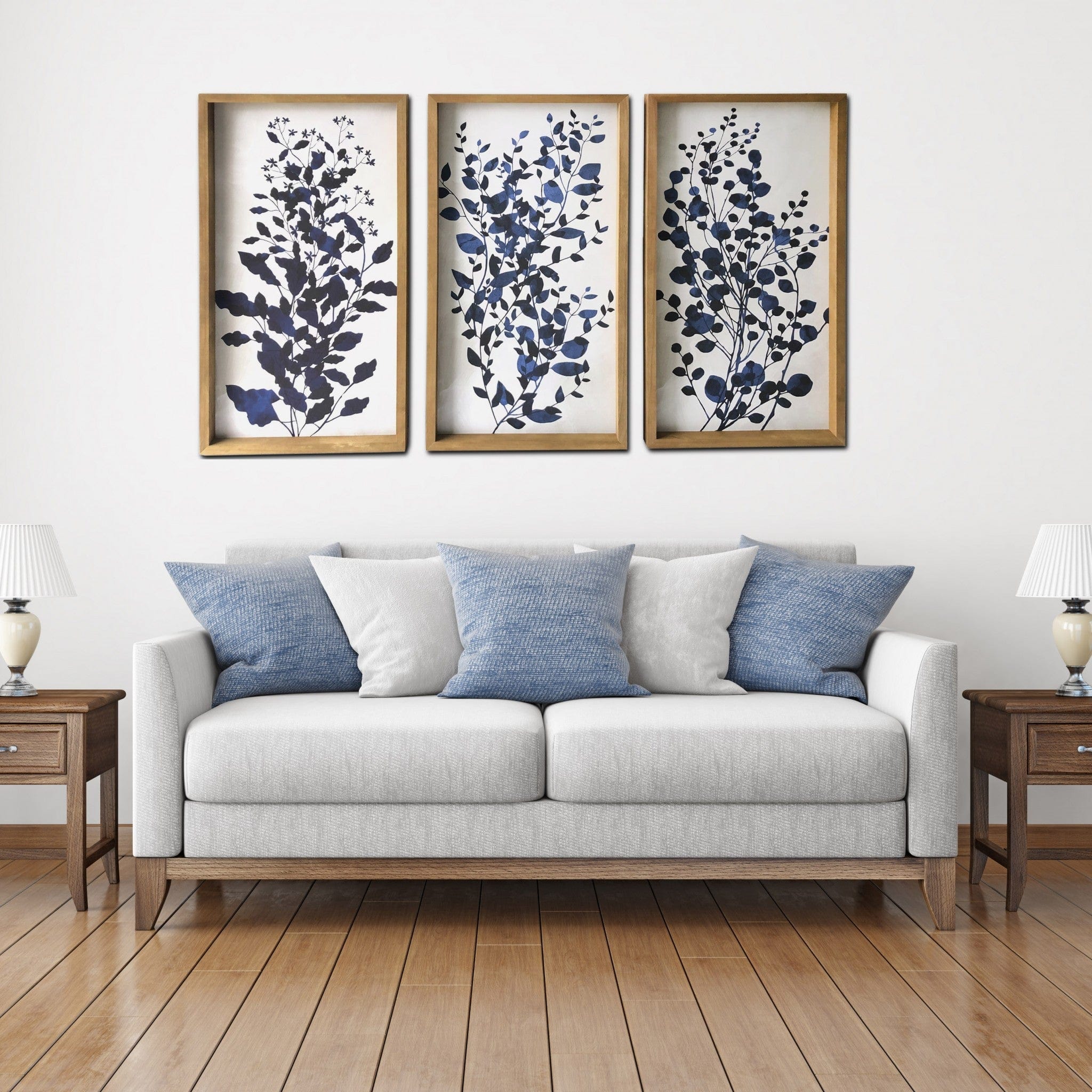 Set Of Three Blue Branches Framed Canvas Wall Art Picture Frame Graphic Art Wall Art - Homeroots