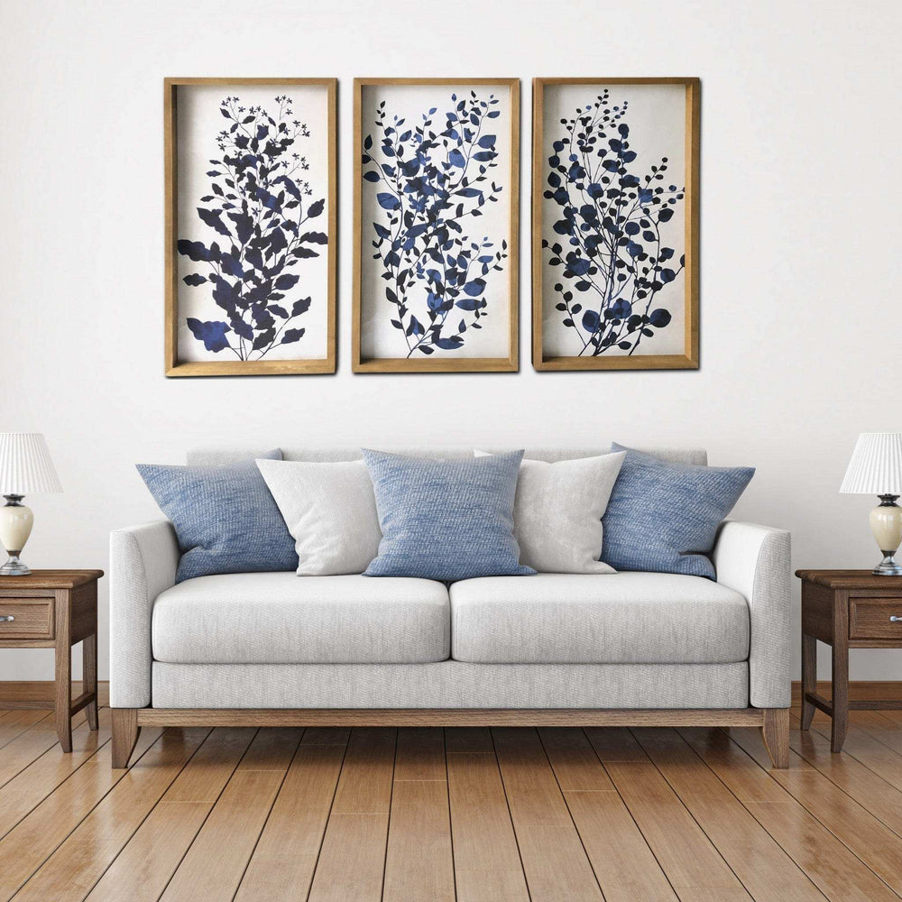 Set Of Three Blue Branches Framed Canvas Wall Art Picture Frame Graphic Art Wall Art - Homeroots - Flyclothing LLC