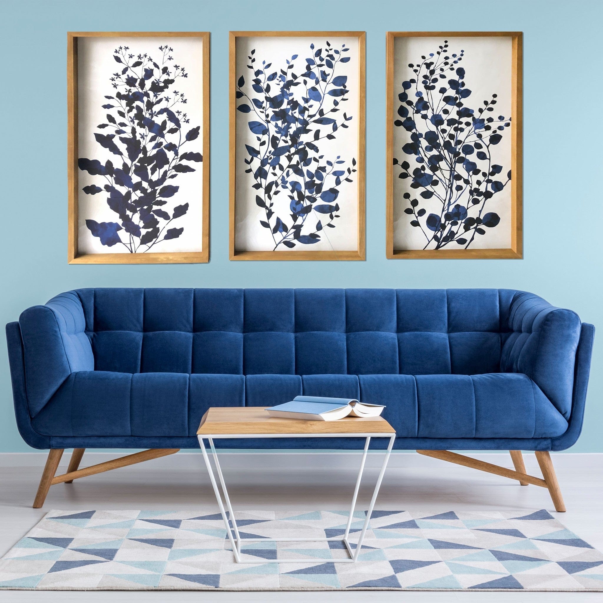 Set Of Three Blue Branches Framed Canvas Wall Art Picture Frame Graphic Art Wall Art - Homeroots