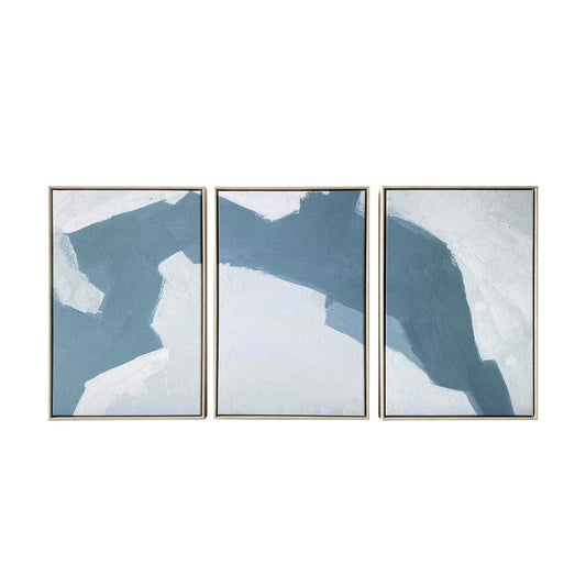 Set Of Three Blues and Grays Abstract Framed Canvas Wall Art Floater Frame Graphic Art Wall Art - Homeroots