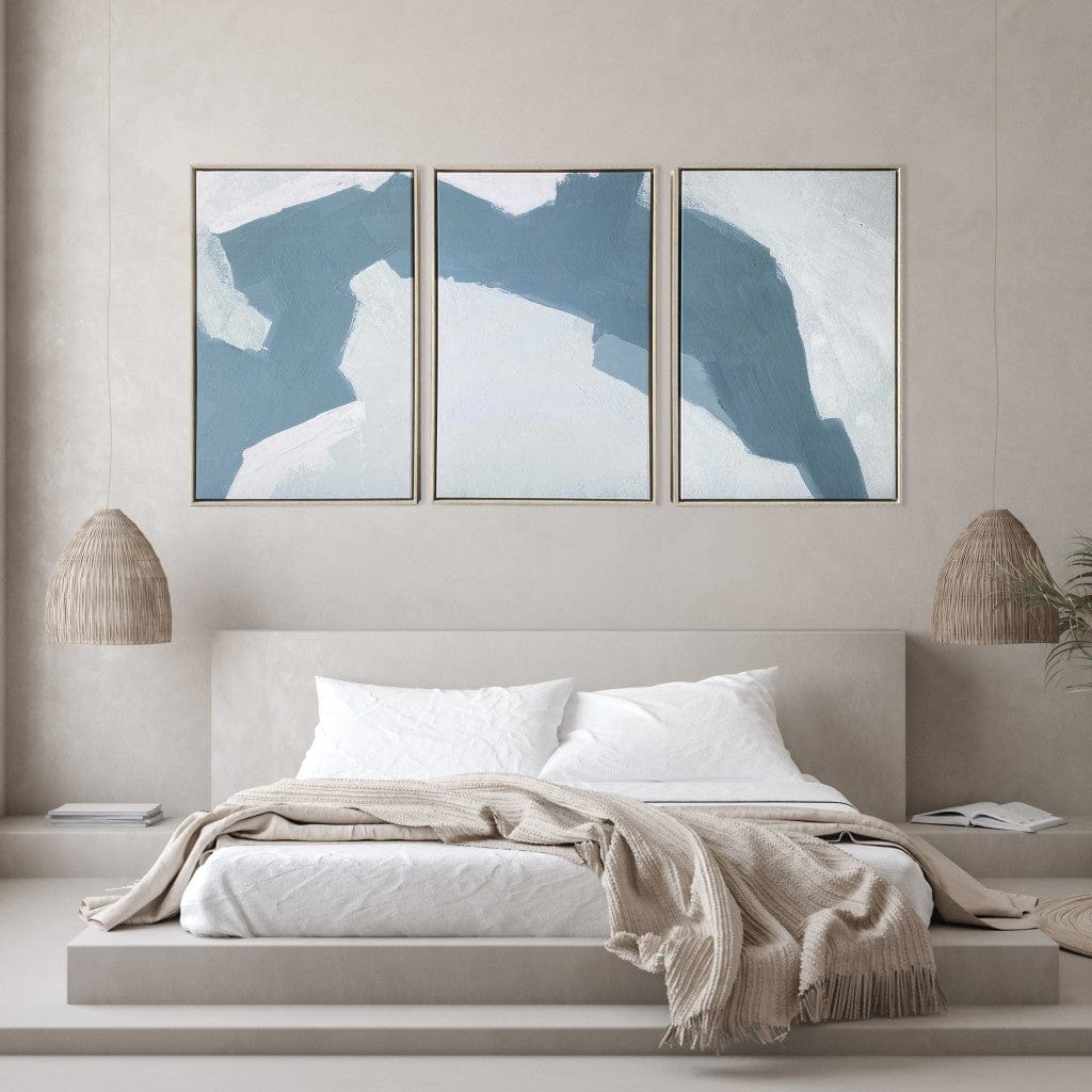 Set Of Three Blues and Grays Abstract Framed Canvas Wall Art Floater Frame Graphic Art Wall Art - Homeroots