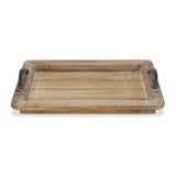 Wooden Paneled Tray with Metal Handles - Homeroots