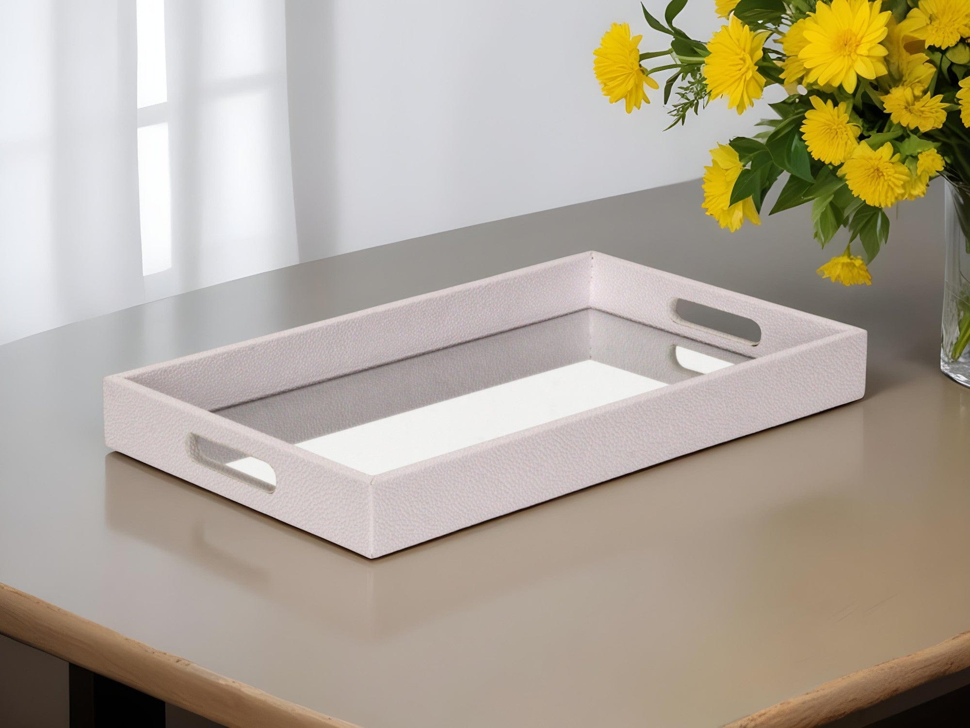 16" White Shagreen and Mirror Tray - Homeroots - Flyclothing LLC