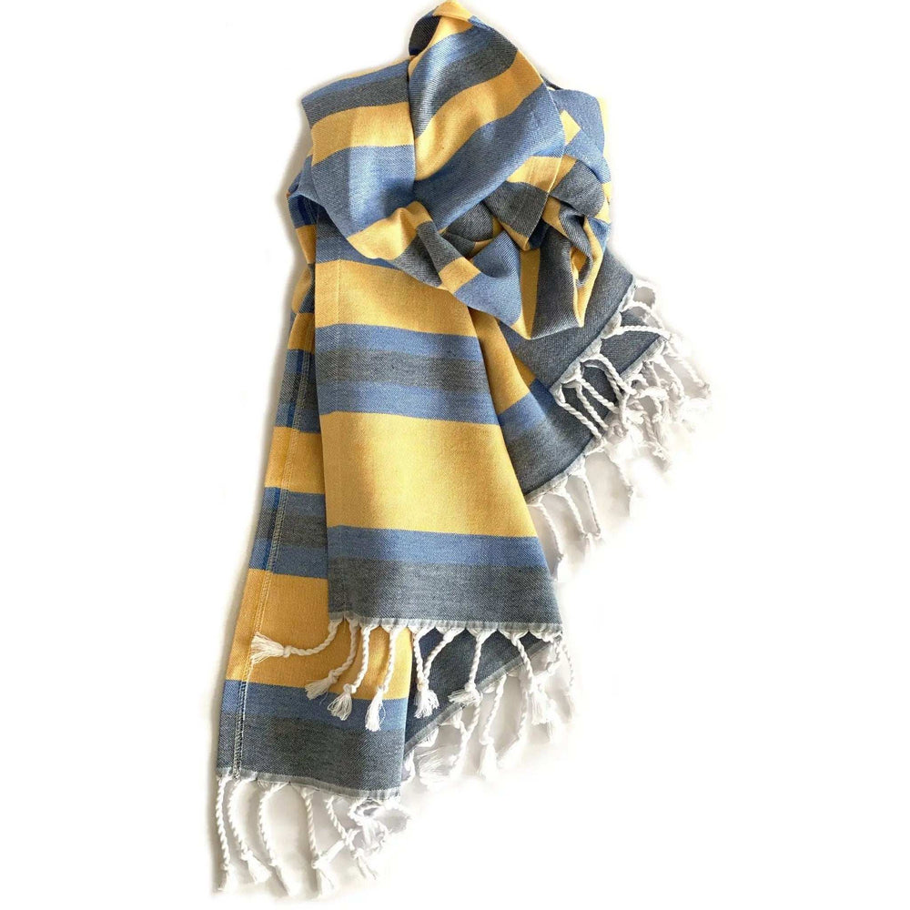 Denim Blue and Yellow Striped Turkish Towel Beach Blanket - Homeroots - Flyclothing LLC
