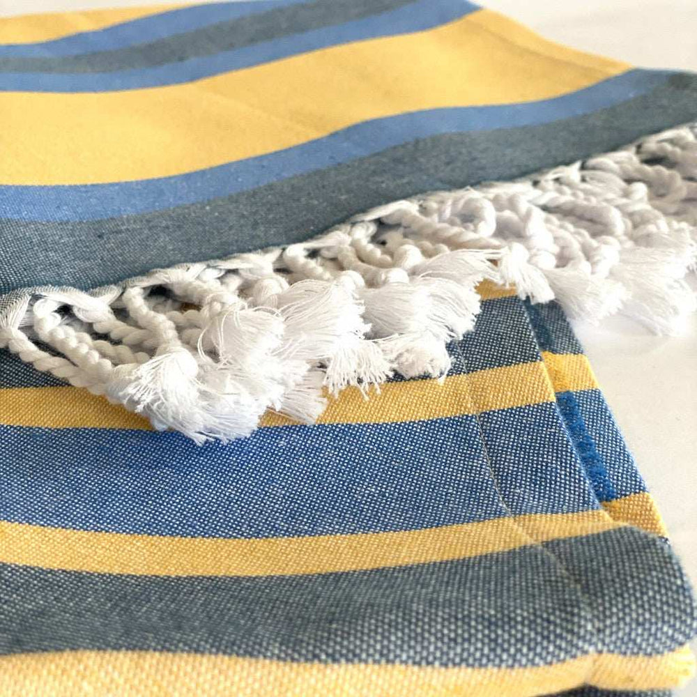 Denim Blue and Yellow Striped Turkish Towel Beach Blanket - Homeroots - Flyclothing LLC