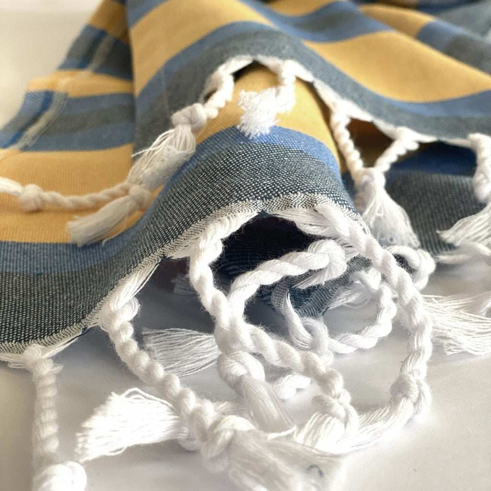 Denim Blue and Yellow Striped Turkish Towel Beach Blanket - Homeroots - Flyclothing LLC