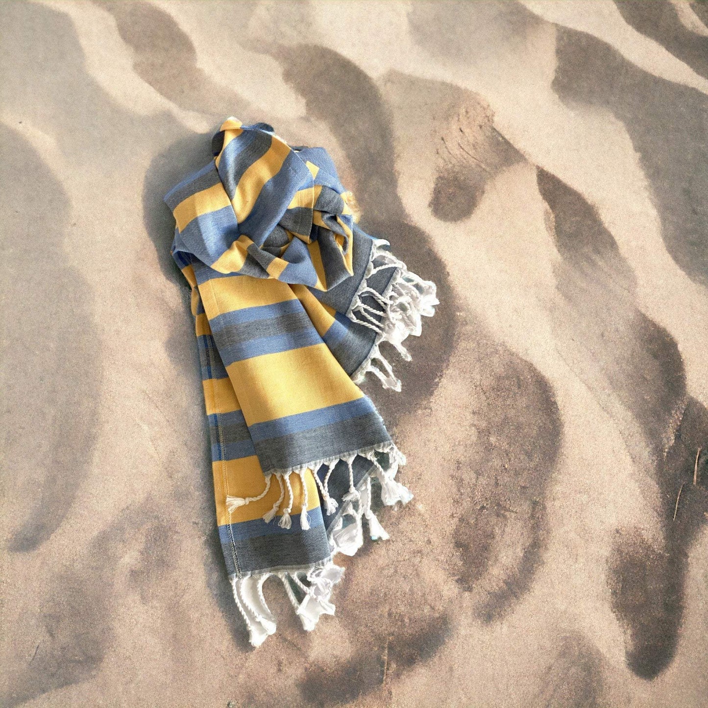Denim Blue and Yellow Striped Turkish Towel Beach Blanket - Homeroots - Flyclothing LLC