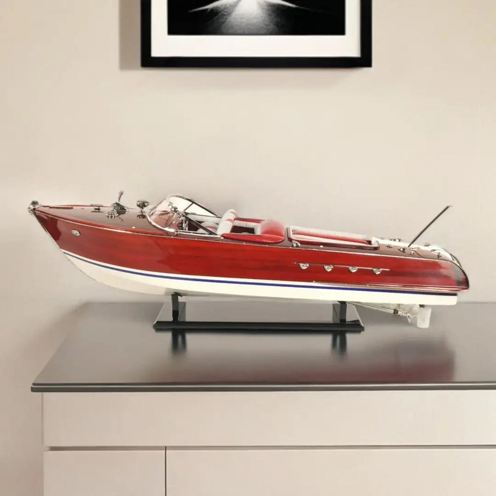 10" Red White And Brown Manufactured Wood Hand Painted Decorative Boat - Homeroots