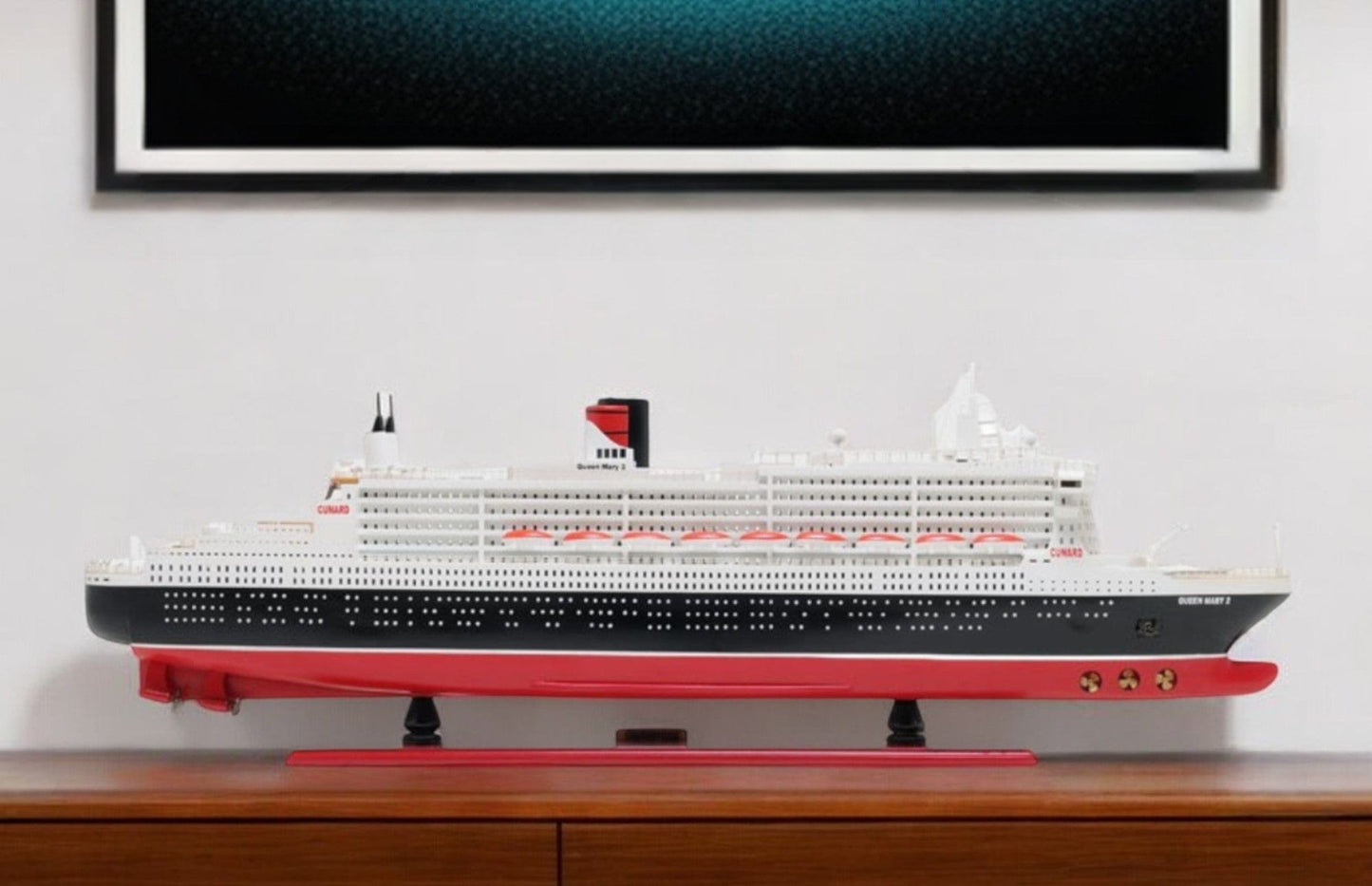 13" Black and Red RMS Queen Mary II Large Boat Hand Painted Decorative Boat - Homeroots - Flyclothing LLC