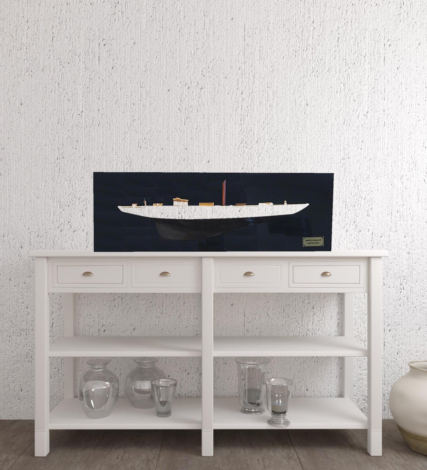 12" Black and White Shamrock V Yacht Half-Hull Boat Hand Painted Decorative Boat - Homeroots - Flyclothing LLC