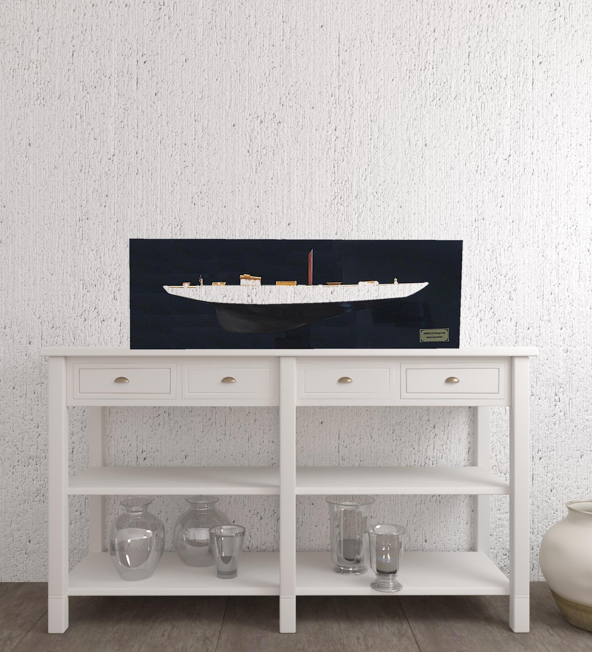 12" Black and White Shamrock V Yacht Half-Hull Boat Hand Painted Decorative Boat - Homeroots - Flyclothing LLC