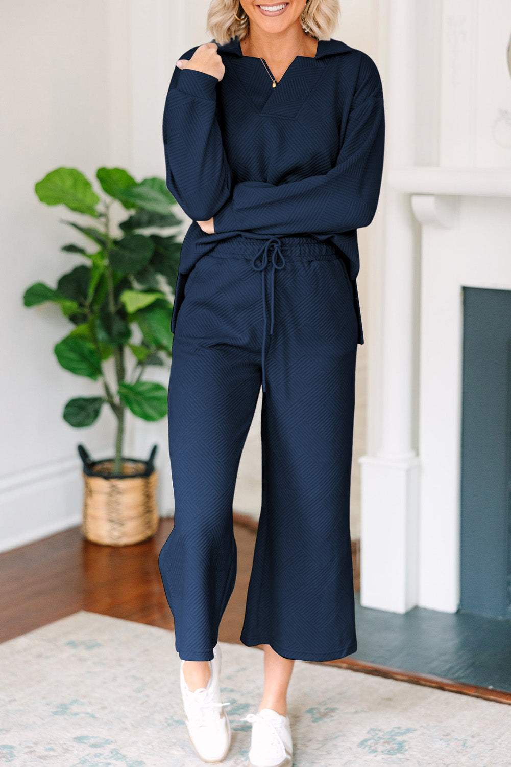 Textured Collared Neck Top and Wide Leg Pants Set - Trendsi - Flyclothing LLC