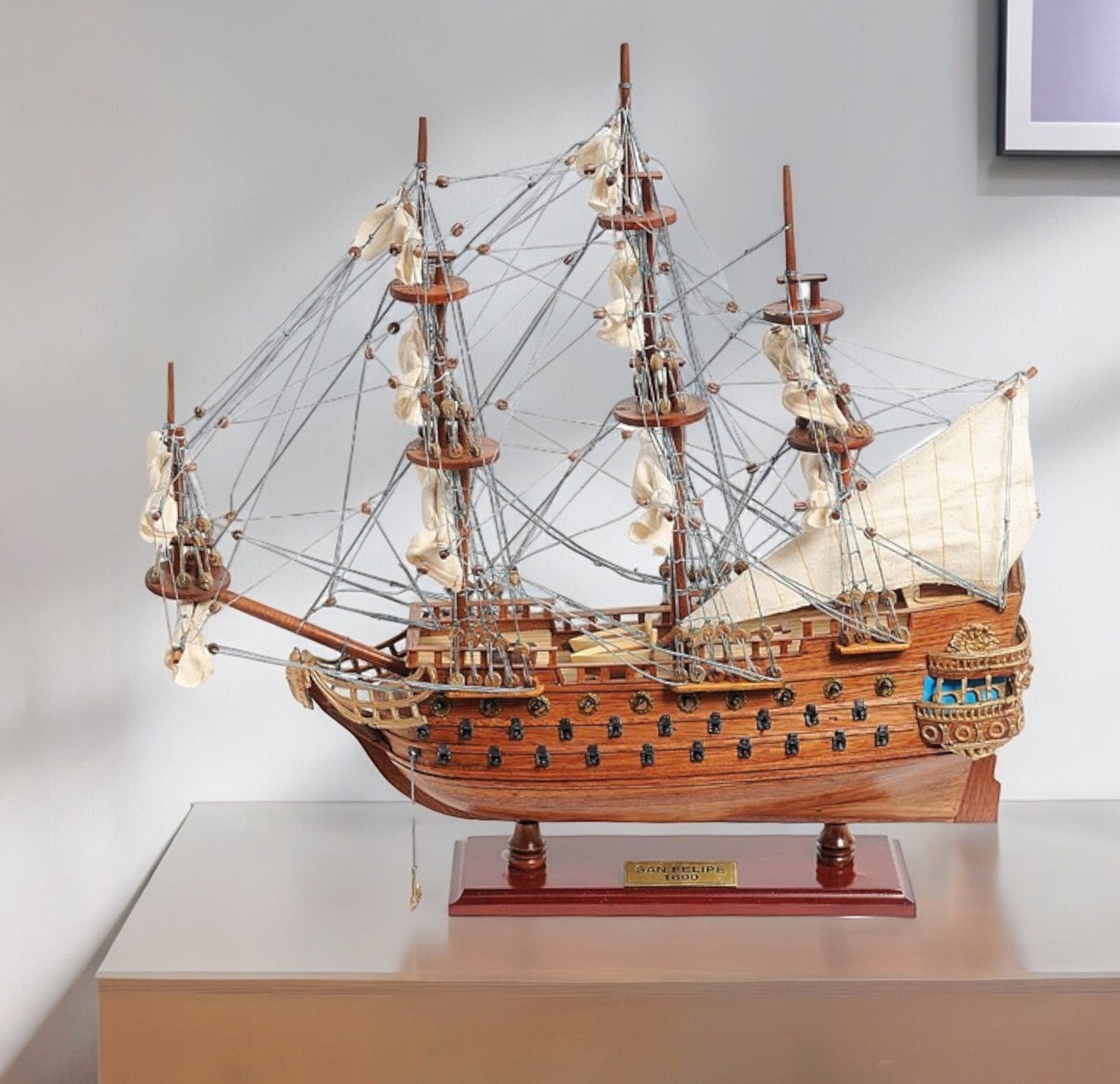18" Wood Brown San Felipe 1690 Small Boat Hand Painted Decorative Boat