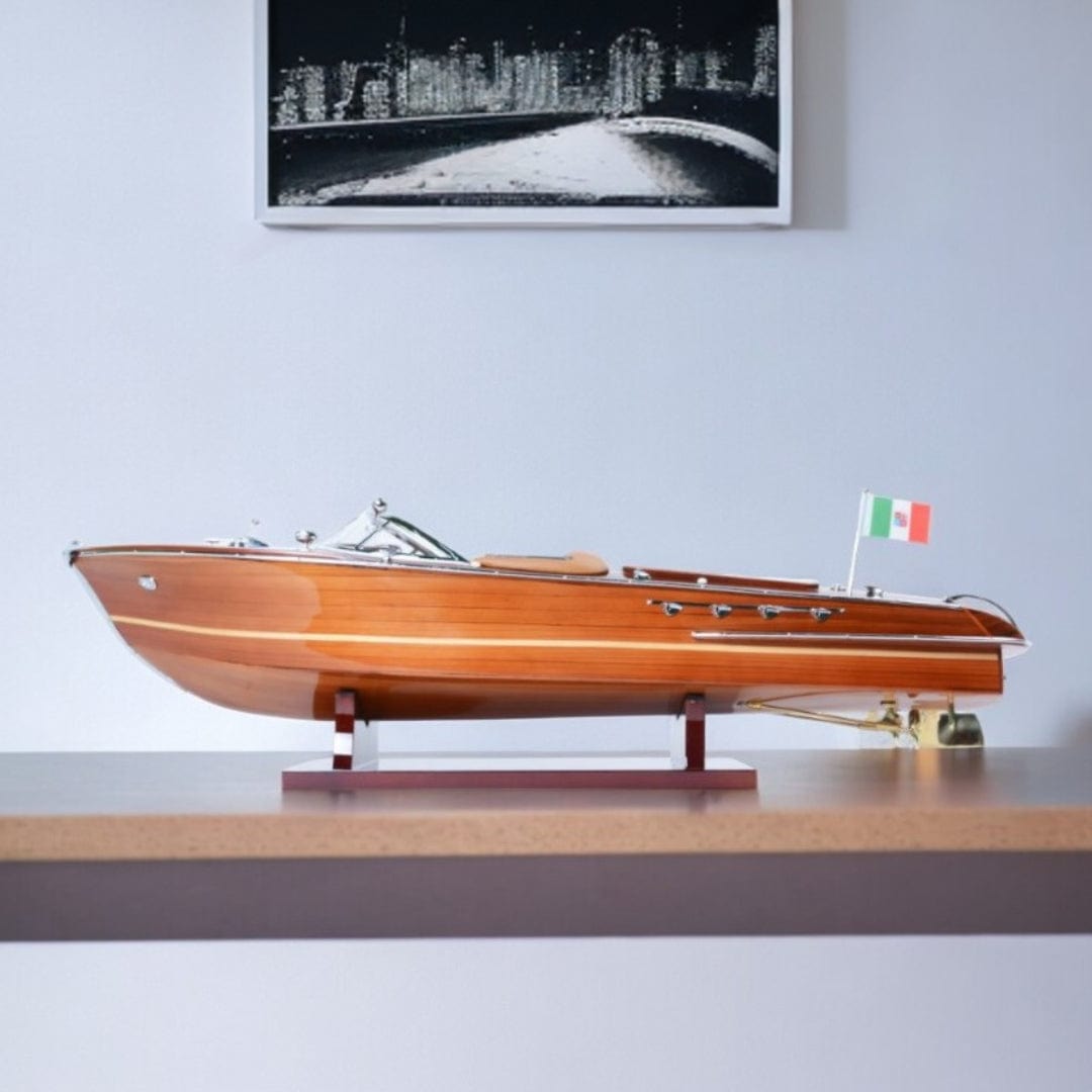 7" Wood Brown Riva Aqurama Speedboat Hand Painted Decorative Boat - Homeroots