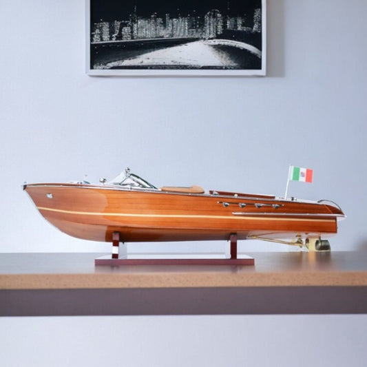 7" Wood Brown Riva Aqurama Speedboat Hand Painted Decorative Boat - Homeroots
